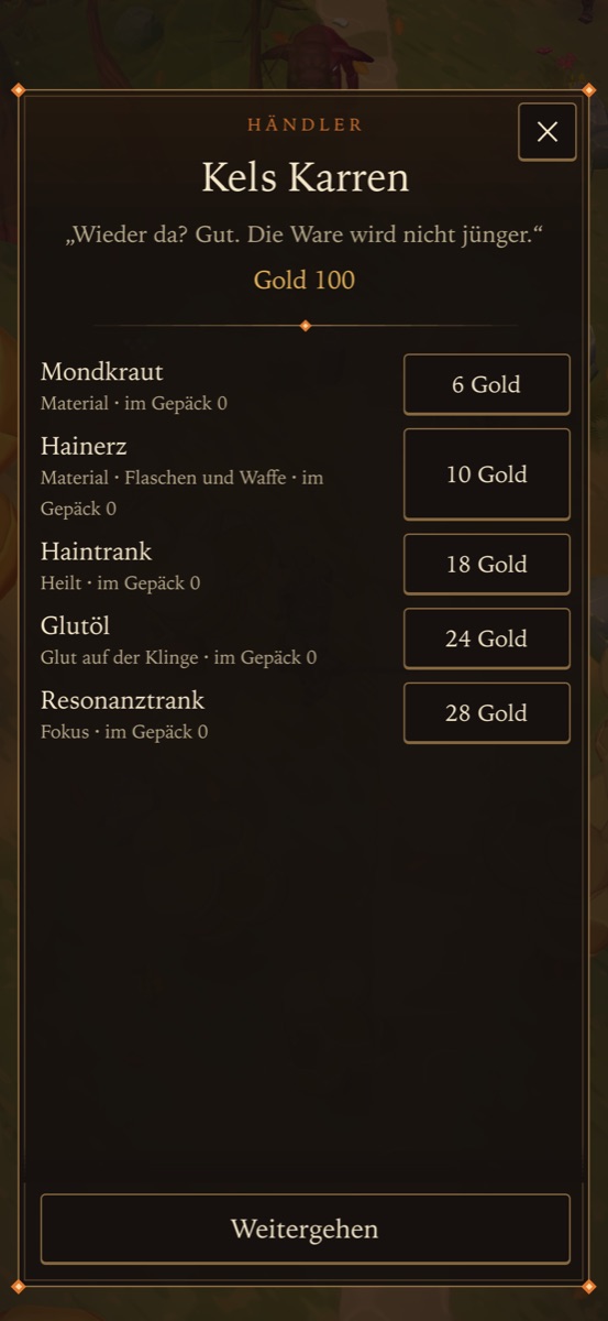 Kel's cart with materials and potions