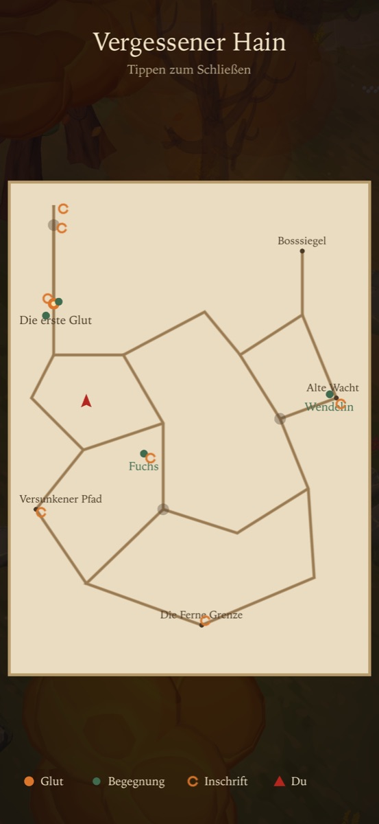 Map of the Forgotten Grove with embers, inscriptions and encounters