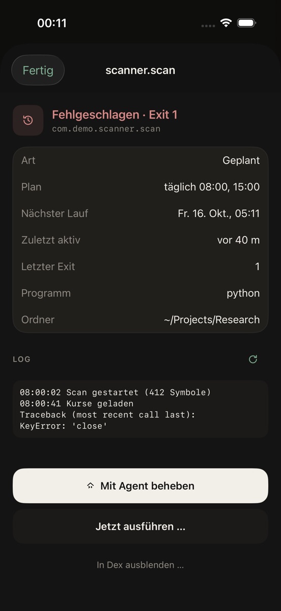 A failed job with its log and a fix-with-agent button