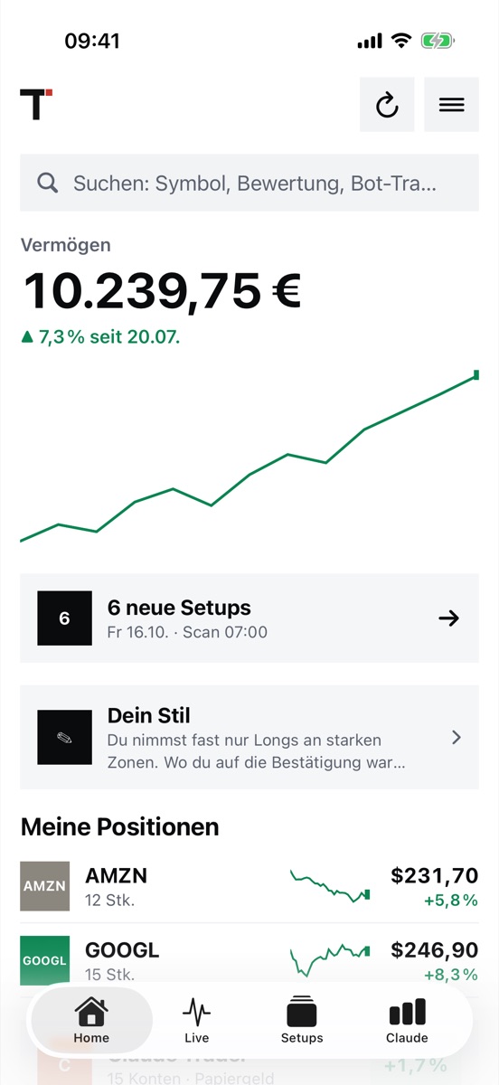 Tape Home with search, demo wealth curve, six new setups and the Your style card