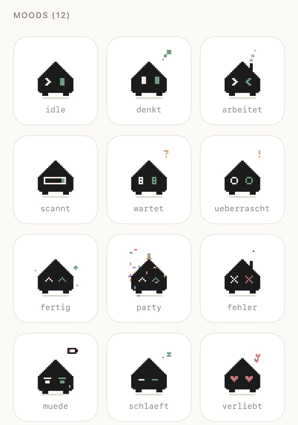 The twelve moods of Dex: idle, thinking, working, waiting, done, party, error, sleeping and more